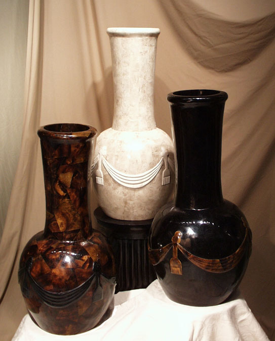 Neo-Classic Vase w/ Drape & Tassel, 100% Natural Inlaid Cracked Young Pen Seashell w/Black Pen Seashell