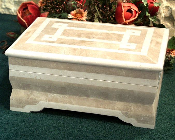 Grecian Box, 100% Natural Inlaid Beige Fossil Stone w/White Ivory Stone Inlay