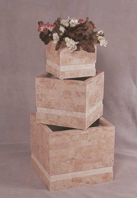 Small Square Planter with Recessed Band  Beige Fossil with White Ivory Stone