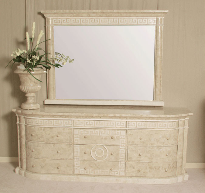 Aristotle Mirror Frame with Greek Key Design, Beige Fossil Stone with White Ivory Stone