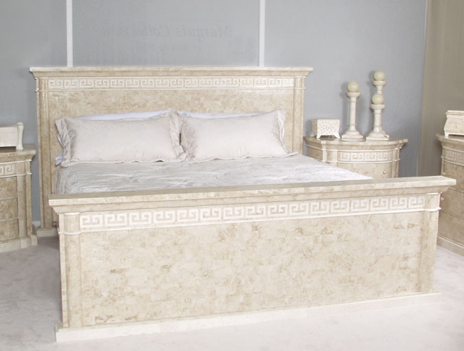 Aristotle Queen Bed Footboard and Rails, Beige Fossil Stone with White Ivory Stone