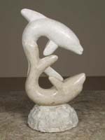 Dolphins at Play Sculpture, Beige Fossil Stone with White Ivory Stone