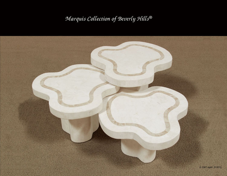 Water Mushroom Tables, White Ivory Stone with Beige Fossil Stone (Set of 3)