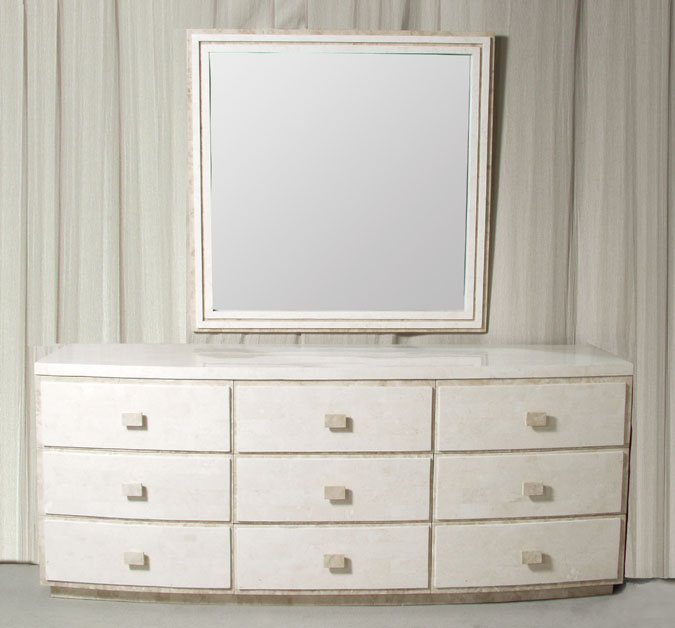 Bonsoir/Baguette Mirror Frame, 100% Natural Inlaid White Ivory Stone w/Beige Fossil Stone