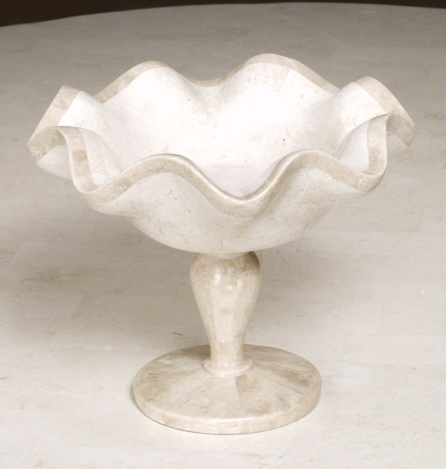 Wavy Footed Bowl, White Ivory Stone with Beige Fossil Stone Base & Trim