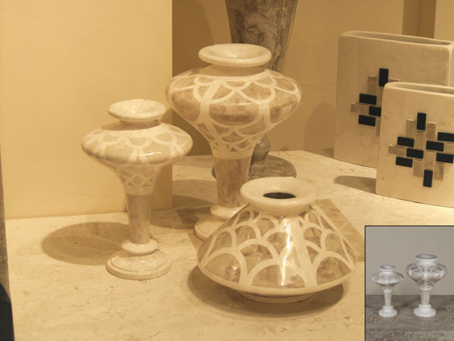 Circles Vase, Large, White Ivory Stone w/Beige Fossil Stone Inlay