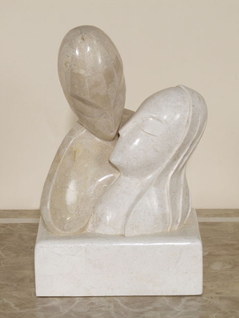 Secret Lovers Sculpture, White Ivory  Stone with Beige Fossil Stone