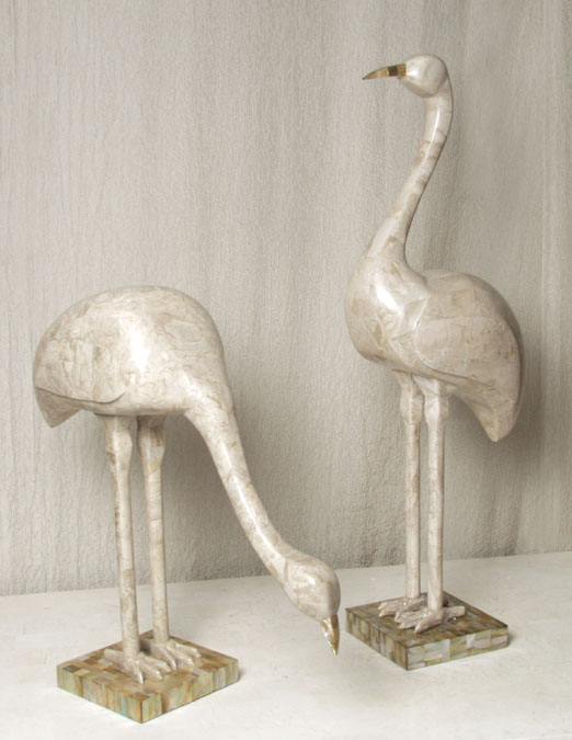 Crane Sculpture, Head-up, Cantor Stone w/ Brown Lip Seashell Accent on Base & Beak