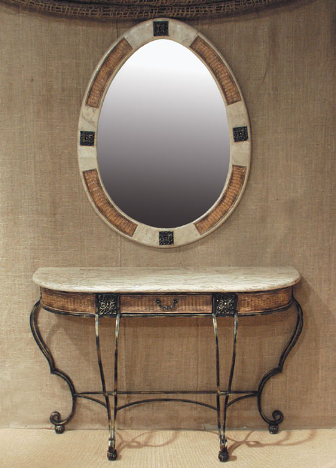 Plantation Oval Mirror Frame with Rattan Weaving, Cantor Stone Top (with beveled mirror)