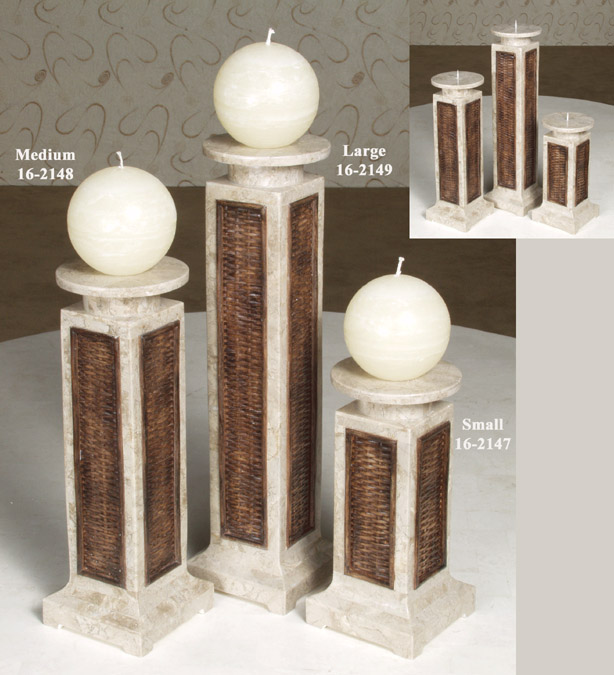 Plantation Candleholder, Small, Inlaid Cantor Stone with Raffia Weaving
