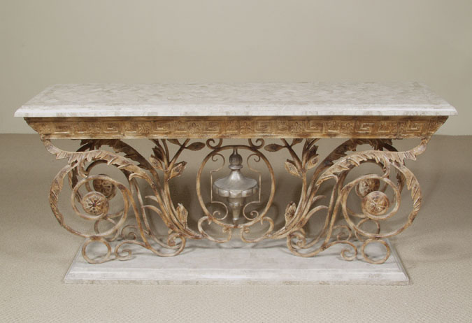Grand Console with Greek Key Design Cantor Stone with Iron Accent