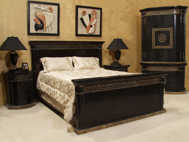 Aristotle Queen Bed Headboard, Black Stone with Snakeskin Stone