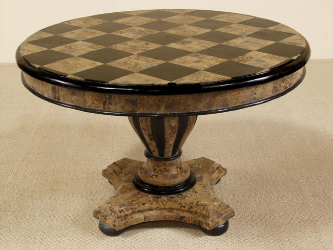 Checkered Round Dining Table, Black Stone with Snakeskin Stone