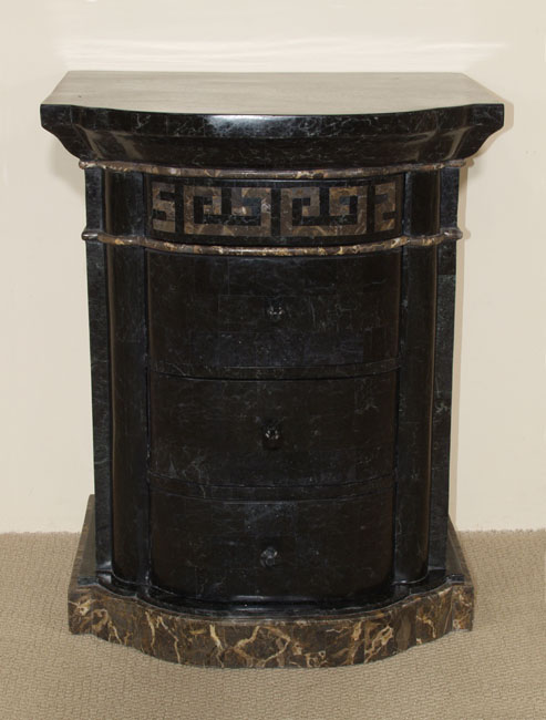 Aristotle Small Night Stand with Greek Key Design, 100% Natural Inlaid Black Stone w/Snakeskin Stone