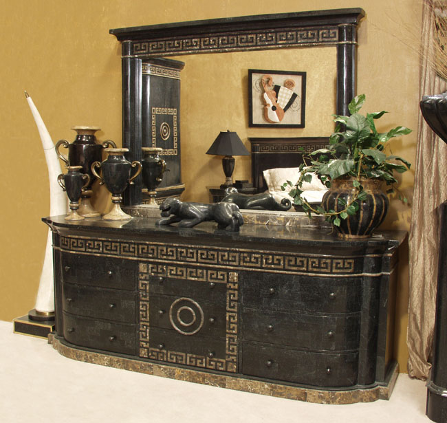 Aristotle Dresser with Greek Key Design, 100% Natural Inlaid Black Stone w/Snakeskin Stone