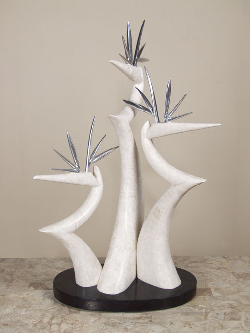 3-Birds of Paradise Sculpture, White Ivory Stone with Pewter Beak on Black Stone Base