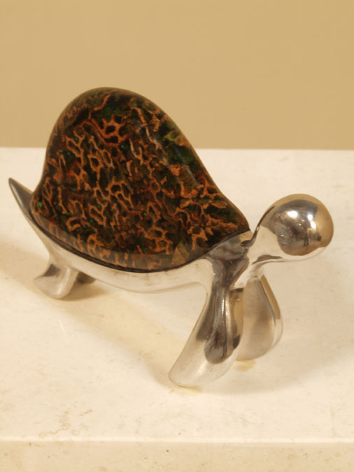 Mini Turtle Sculpture, Coco Roots with Stainless Finish  (Sold as a Set of 4 Only. Others in set are: Dolphin, Fish & Seahorse) Price is per piece.