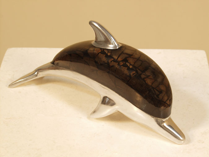 Mini Dolphin Sculpture, Cracked Bamboo with Stainless Finish (Sold as a Set of 4 Only. Others in set are: Turtle, Fish & Seahorse) Price is per piece.