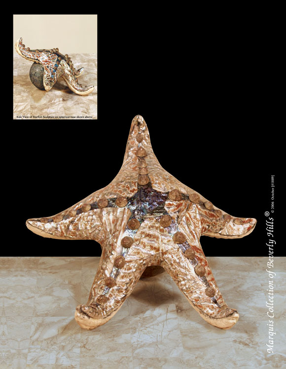 Starfish Sculpture, Belgian Brown Crushed Stone, Brown Lip Seashell with Green Lip Seashell Finish