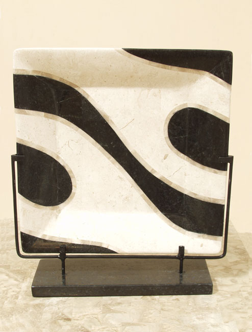 Euphoria Square Plate on Iron Stand, White Ivory Stone/Black Stone/Beige Fossil stone