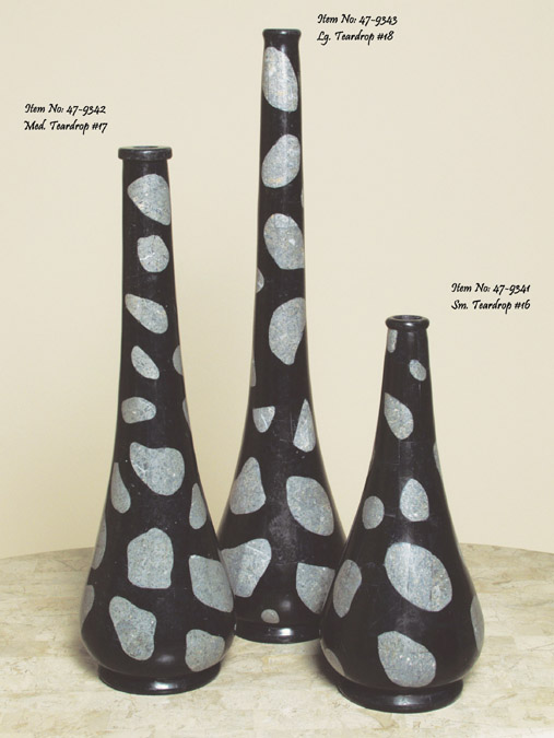 Teardrop Shaped Vase, Small, 100% Natural Inlaid Black Stone with GreyStone