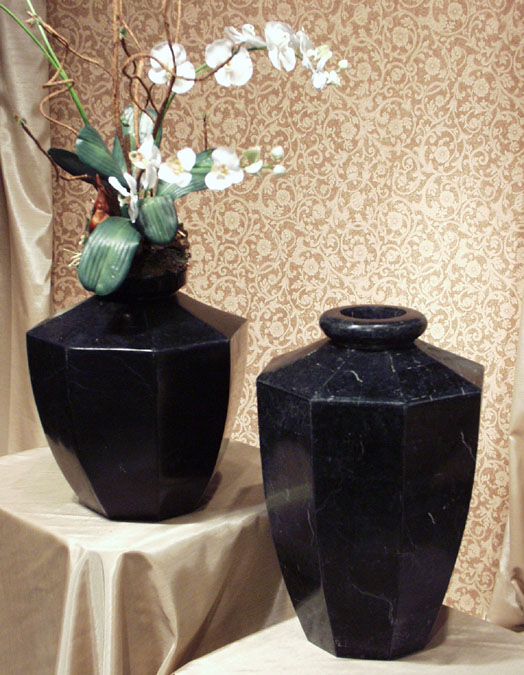 Tall Octagon Flower Vase -  Black Stone