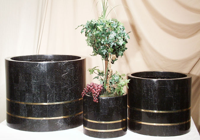 Small  Round Black Stone Smooth Planter with Brass