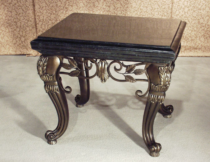 Majestic Lamp Table (w/Iron Leaf Design), 100% NATURAL Inlaid Black Stone