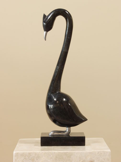 Standing Bird Sculpture, Black Stone with Stainless Finish