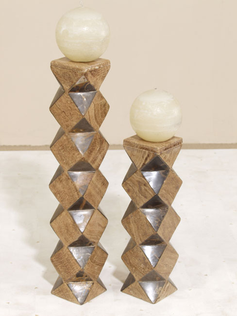 Accordion 2-In-1Convertible Candleholder/Vase, Short, Woodstone with Snakeskin Stone