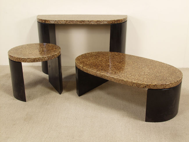Sea Breeze Oval Coffee Table, Inlaid Cracked Bamboo with Inlaid Black Stone Legs