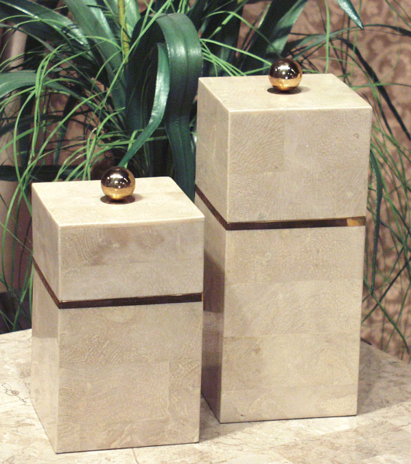 Brandys Box, Tall, Beige Fossil Stone with Brass Trim