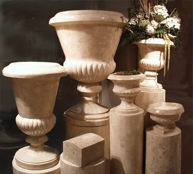 Large Traditional Urn, Hand Carved Beige Fossil Stone