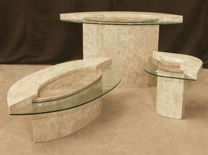 Cyclone Cocktail Table, Beige Fossil Stone & Wild Pearl Vine Inlays