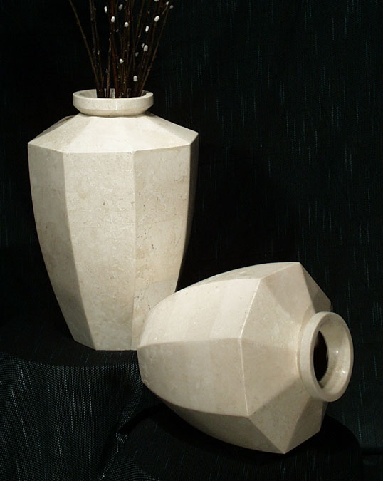 Tall Octagon Flower Vase, White Ivory Stone
