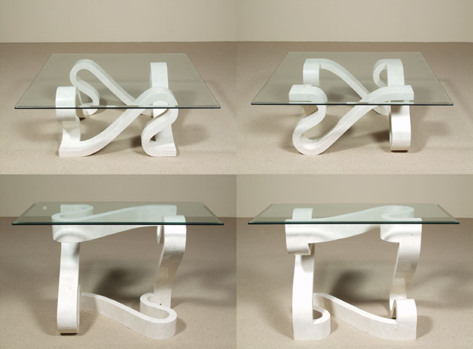 Ribbon Convertible Square Cocktail/Rectangular Console Table, White Ivory Stone with Glass Top [Glass Size: Cocktail: 48x48 Console: 24x48]
