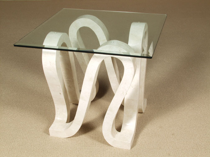 Ribbon Square Side Table, White Ivory Stone with Glass Top (Glass Size: 28x28)