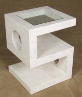 S-Side Table with Square Glass Insert, White Ivory Stone