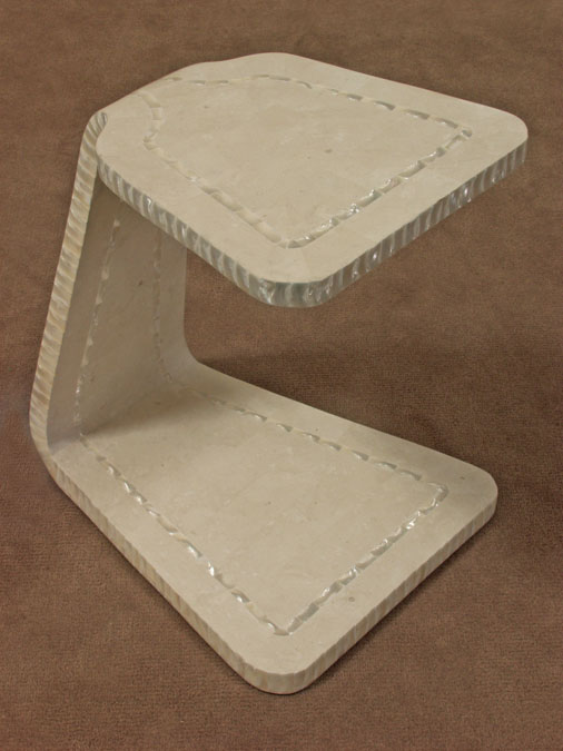 C Shape Mobile Eating Table, White Ivory Stone with Trocca Seashell Finish