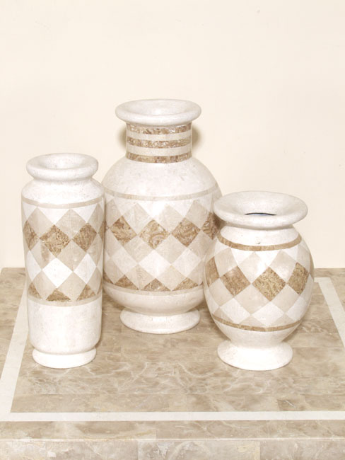 Checkered Vase, Large, White Ivory Stone/Beige Fossil Stone/Woodstone