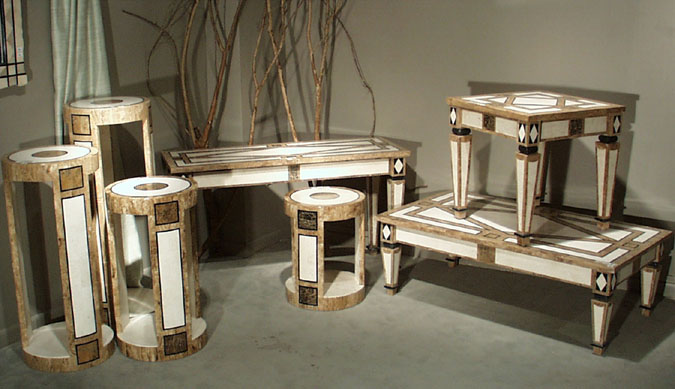 Princeton ½ Moon Console Table White Ivory and Wood Stone and Snakeskin and Black Stone