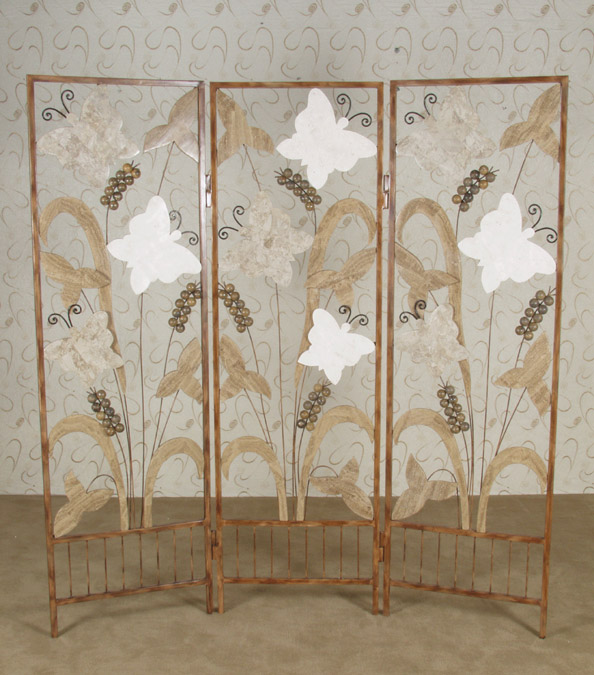 3-Panel Butterfly Screen, Cantor Stone/White Ivory Stone/Woodstone/Snakeskin Stone with Iron