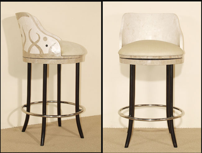 Under the Sea Barstool, Large, Inlaid White Ivory Stone with Black Stone & Cantor Stone Inlay