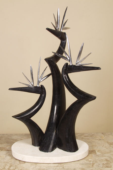 3-Birds of Paradise Sculpture, Black Stone with Pewter Beak on White Ivory Stone Base