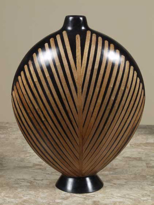 Celina Round Vase with Diagonal Honeycomb Cane Leaf Strips on Black Finish