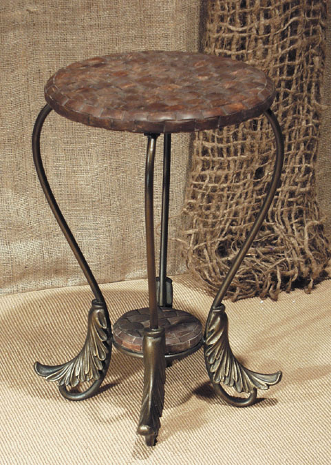 South Seas Side Table, 100% NATURAL Inlaid Coconut Seashell (w/Bull Nose Round Top & Flared Leaf Legs)