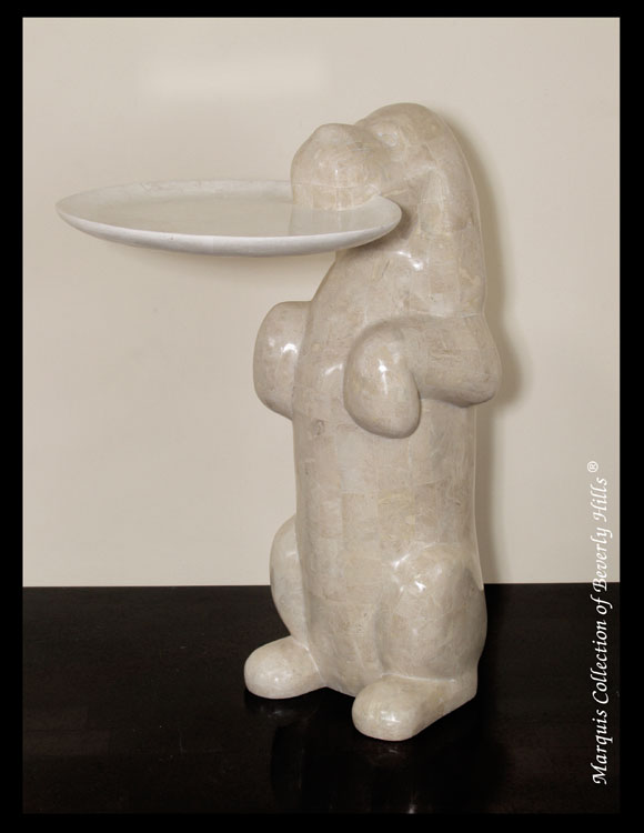 Dog with Frisbee Sculpture, Beige Fossil Stone with White Ivory  Stone