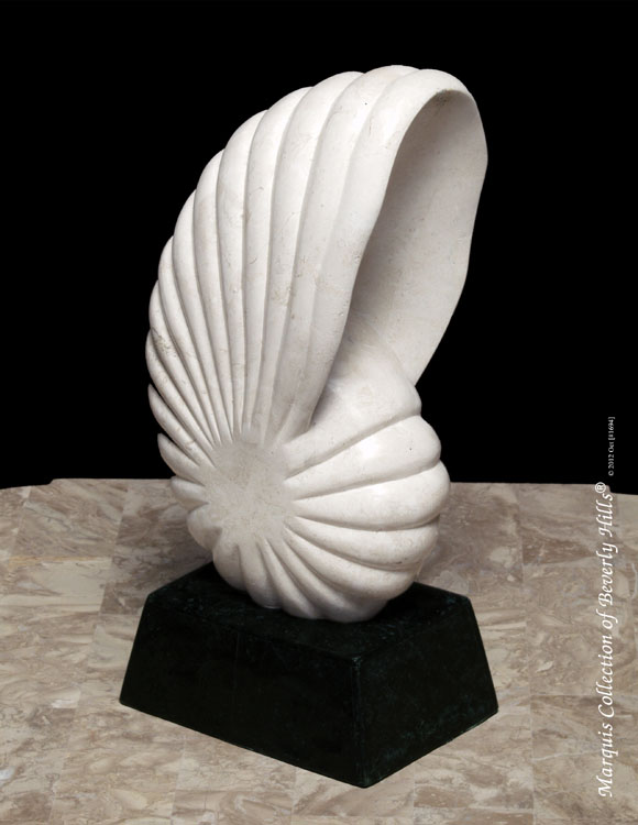 Chamber Nautilus Seashell Sculpture, White Ivory Stone with Black Stone Base