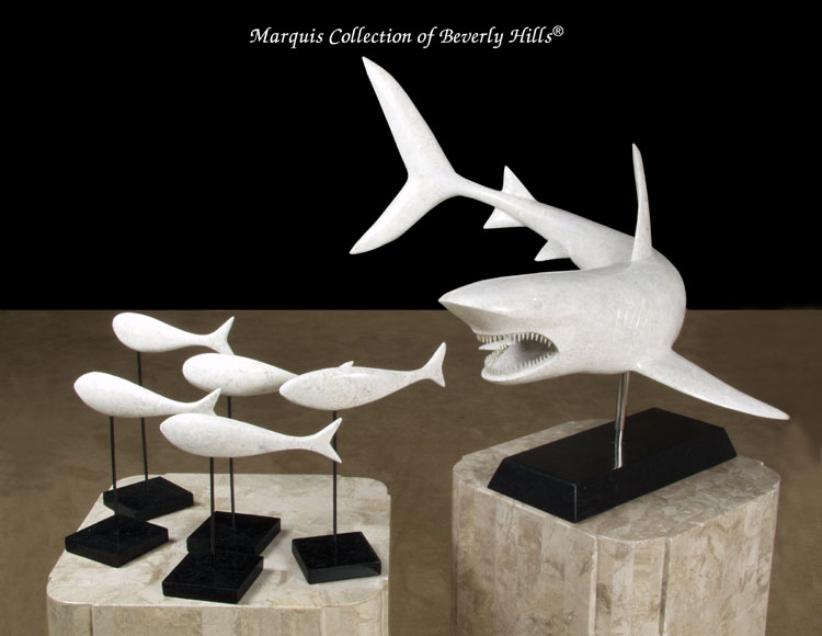 School of Fish Sculpture - TABLE MODEL, Lt. Grey Agate with Black Stone (Sold in Set of 15 Pieces Only)