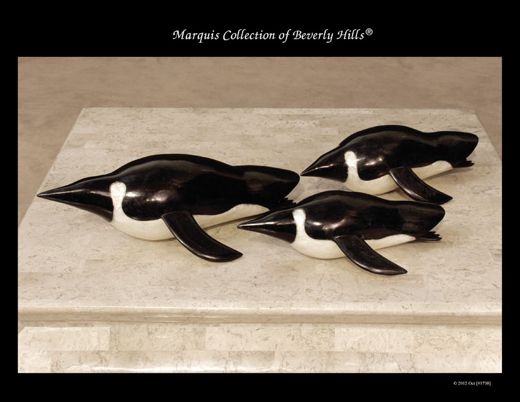 Medium Penguin Sliding on Ice Sculpture - Facing Left, Black Stone with White Capiz Seashell Finish